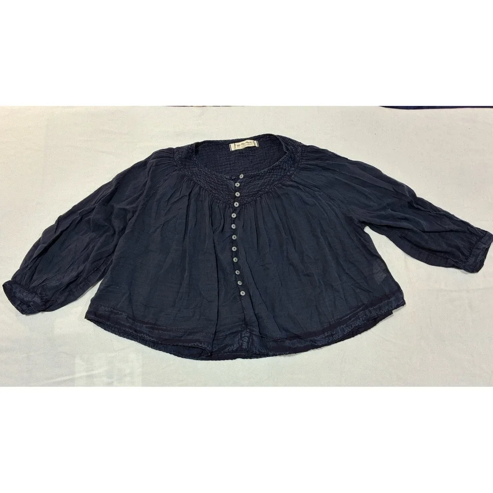 We The Free People Women's Small Boho Button Up Blouse Navy Blue‎ Smocked Gauze